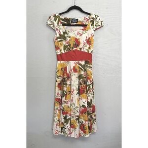 Hearts & Roses London Floral Rockabilly Swing Dress Red‎ Yellow Cotton USA 4